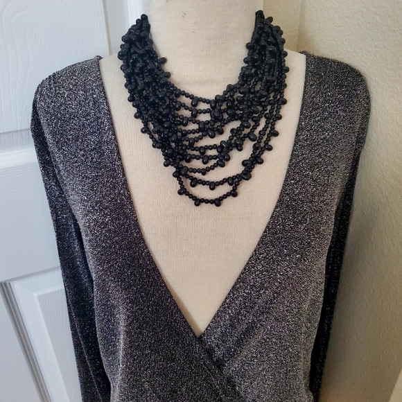 Silver Shimmer Long Sleeve V Neck Bodysuit Women's Size Medium - Picture 1 of 7